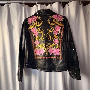 Silence + Noise Studded Embroidered Black Faux Leather Full Zip Jacket Women S
